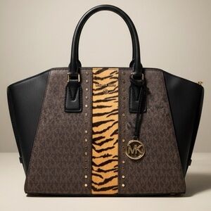 Michael Kors Black and Brown Tote with Animal Print Tiger